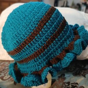 NWT Handcrafted Teal and Brown Crochet Ruffle Hat.